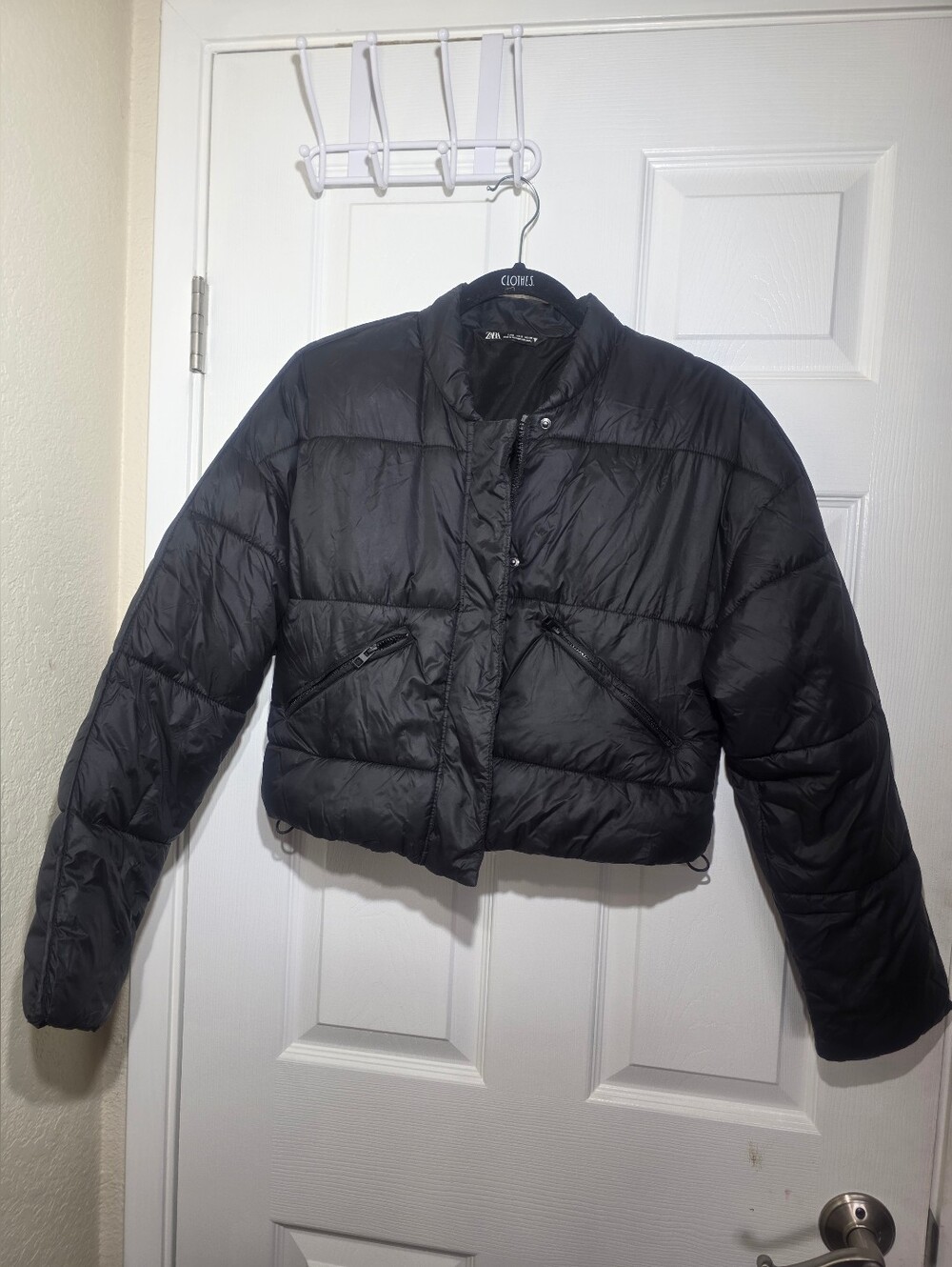 Zara Women's Black Cropped Puffer Jacket Zip Front Lightweight Size USA S